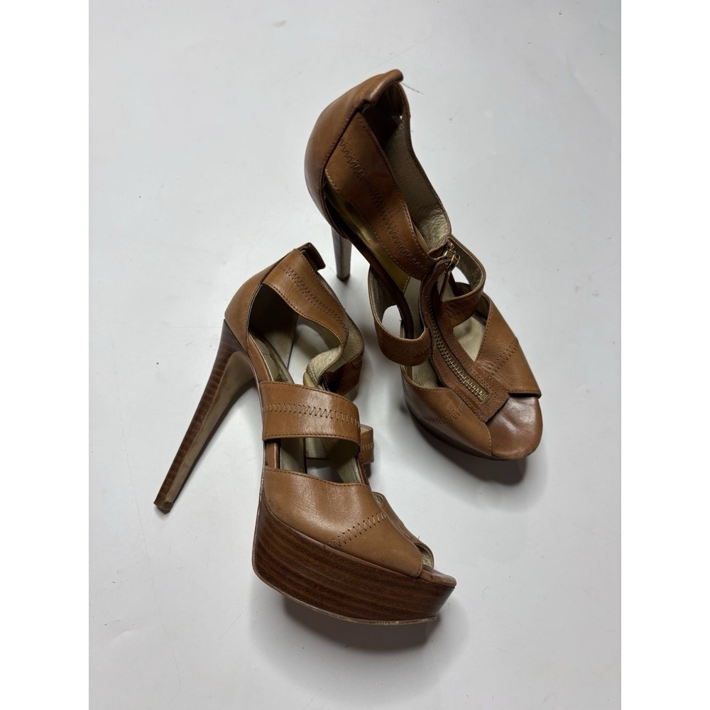 MICHAEL KORS BROWN LEATHER TOP ZIPPER STILETTO‎ PLATFORM PEEP TOE SHOES 5.5M
